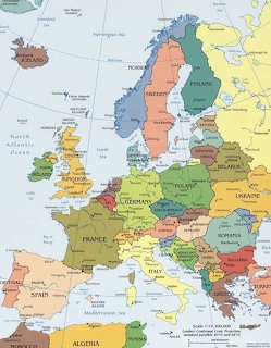 Colorful political map of Europe with labeled countries, capitals, and surrounding seas