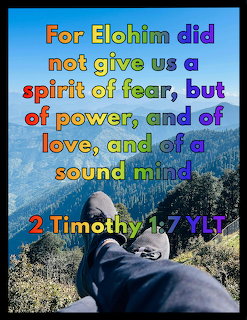 2 Timothy 1:7 YLT verse in rainbow letters over a mountain valley scenic view with feet visible