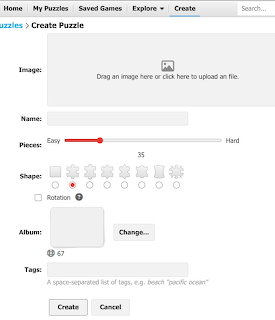 Web interface form for creating a jigsaw puzzle with upload area, sliders and input fields.
