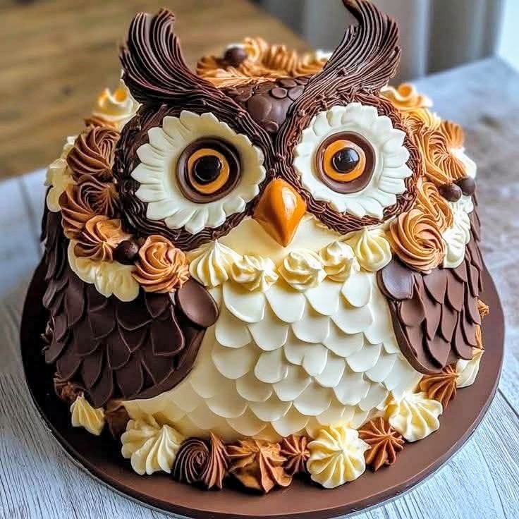 Round cake decorated as an owl with chocolate and cream frosting, orange eyes, and piped feather details