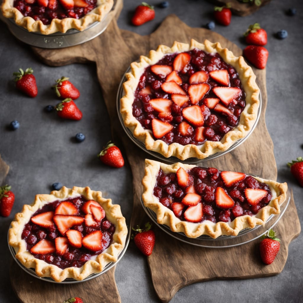 Three berry pies with strawberry and mixed berry toppings on wooden board with fresh berries scattered around