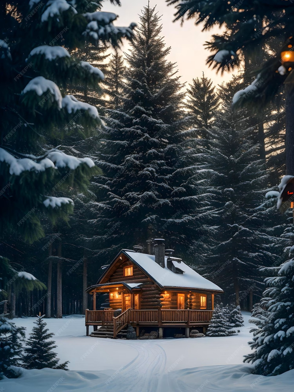 Illuminated wooden cabin in snowy forest clearing surrounded by snow-laden evergreen trees at twilight