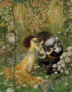 Illustrated scene of Beauty in a golden dress touching the Beast's face in a lush flower garden