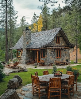 Rustic stone cabin with outdoor patio and dining table in mountain forest