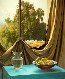 Painting of a glass pitcher and bowl of fruit on a table by a curtained window with trees outside