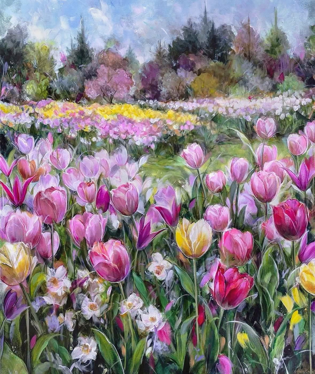 Impressionistic painting of a field of pink, purple, yellow, and white tulips