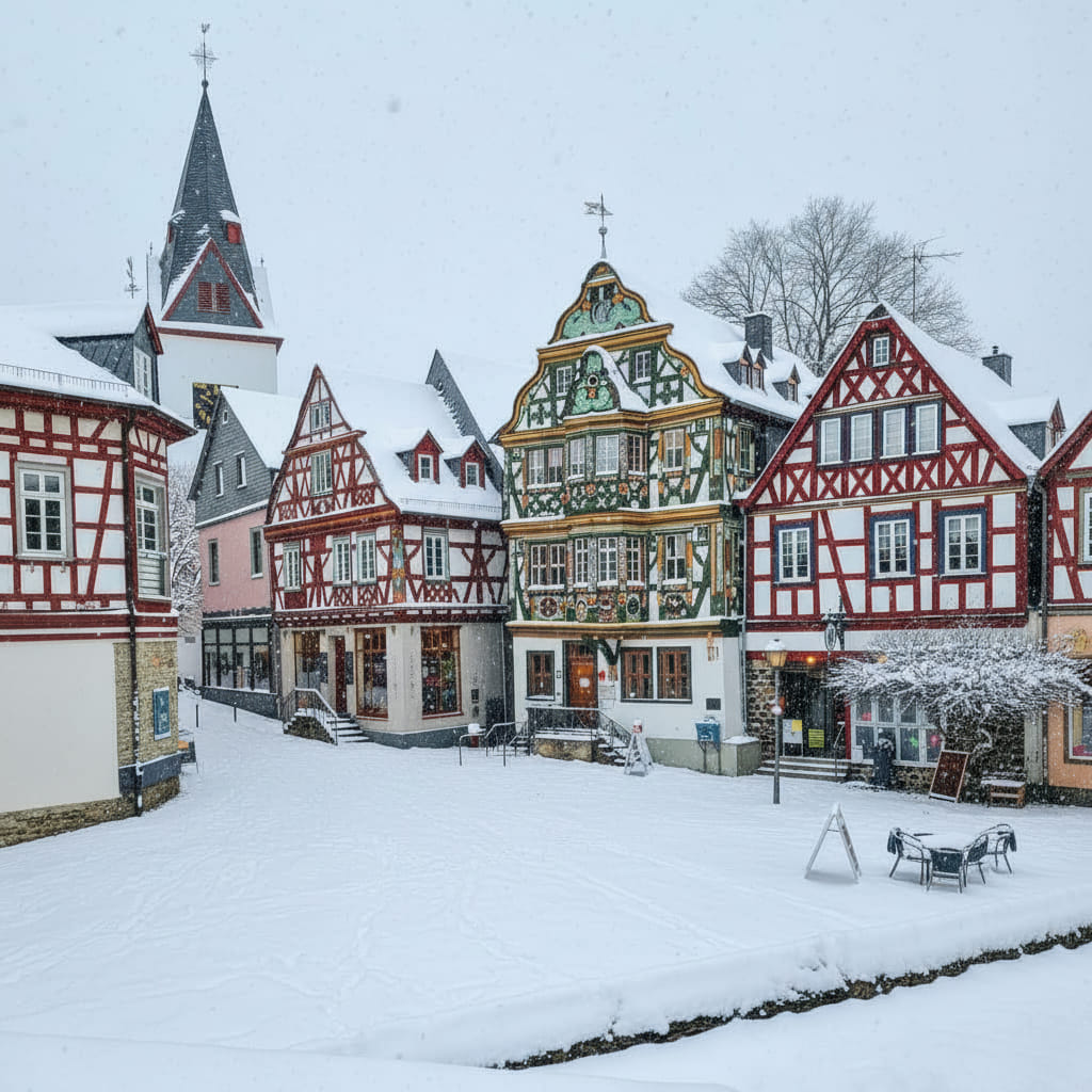 Snowy village square with half-timbered houses and bare trees in winter