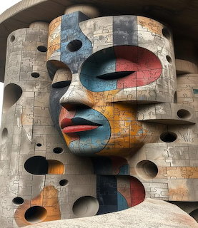 Surreal totemic face sculpture with puzzle-piece texture and circular cutouts
