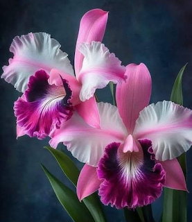 Two pink and white cattleya orchids with purple centers against a dark blue background