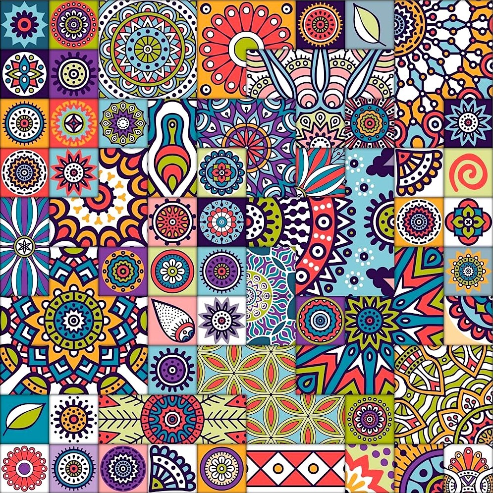 Dense collage of colorful mandala patterns and decorative tiles with geometric and floral designs