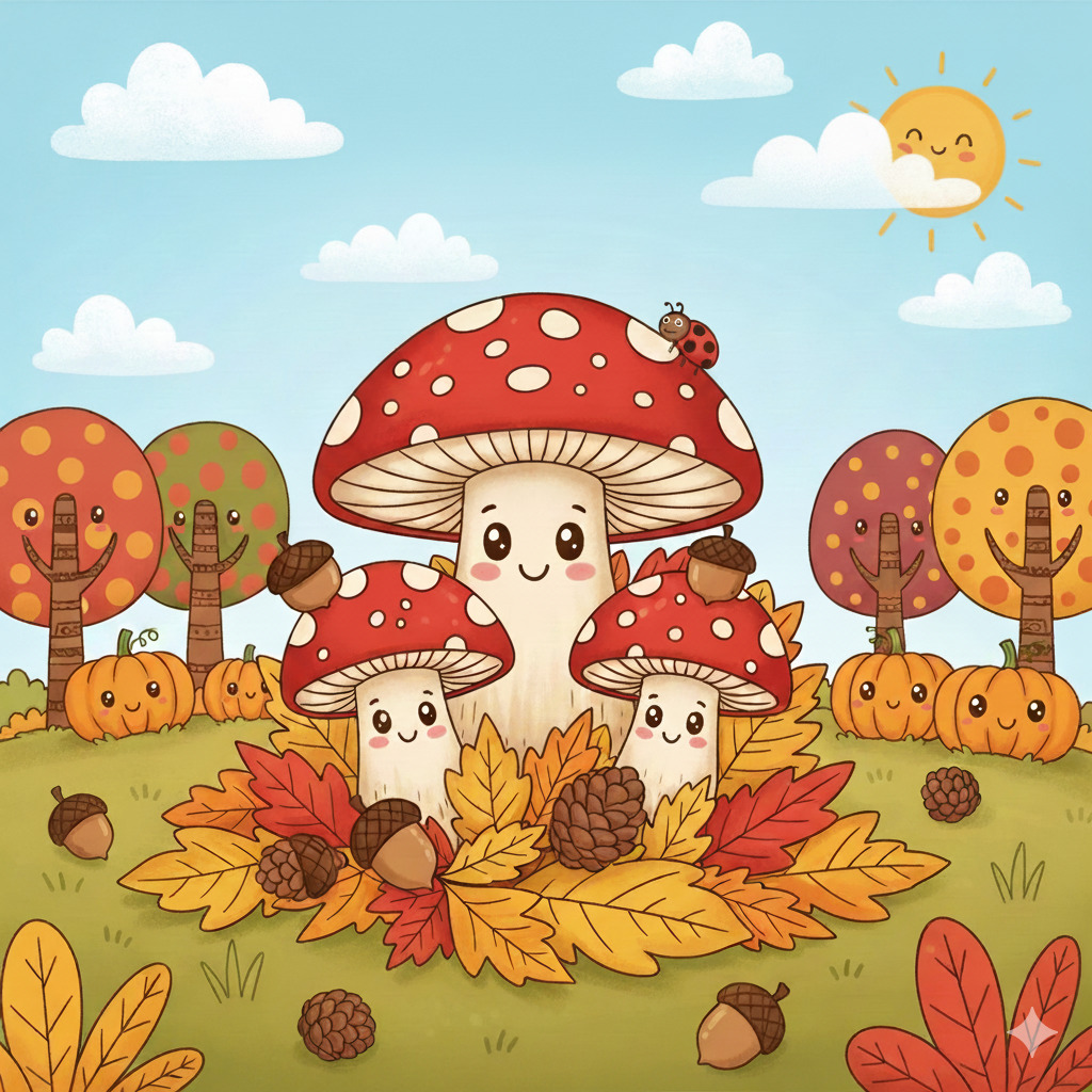 Cute smiling mushrooms with autumn leaves, pumpkins and trees in cartoon style