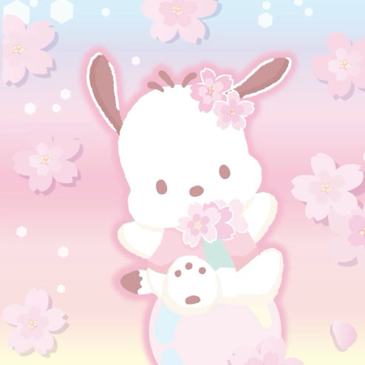 Cute white bunny character with cherry blossoms on a pastel pink background