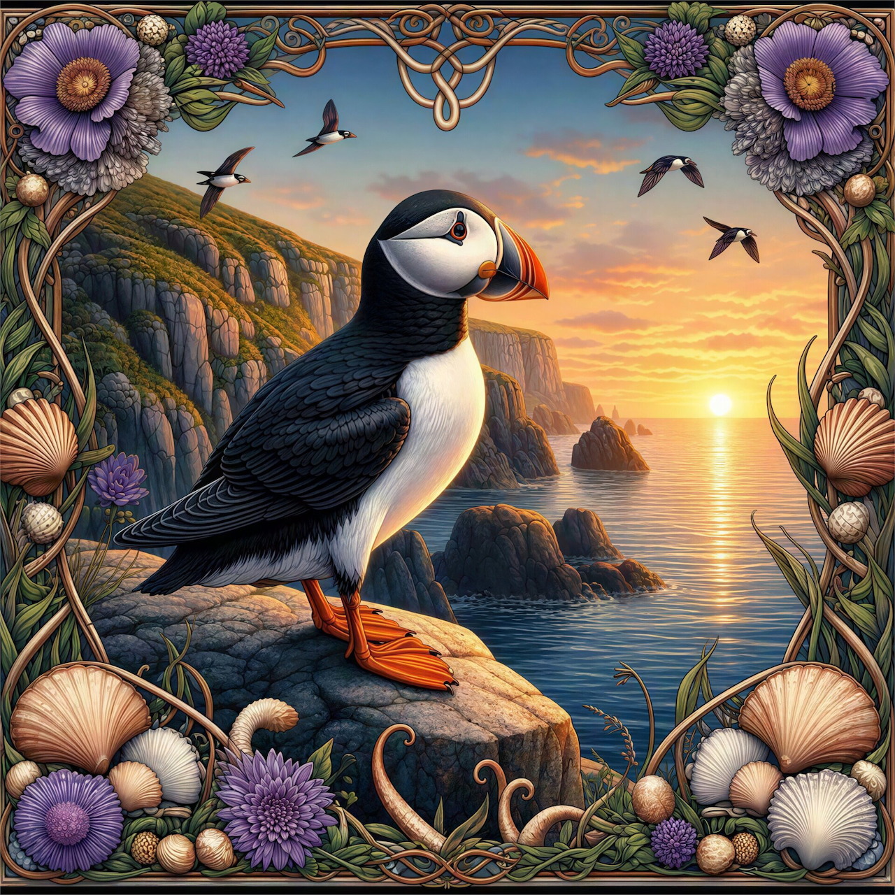 Puffin standing on rocky cliff at sunset with ornate floral and shell border