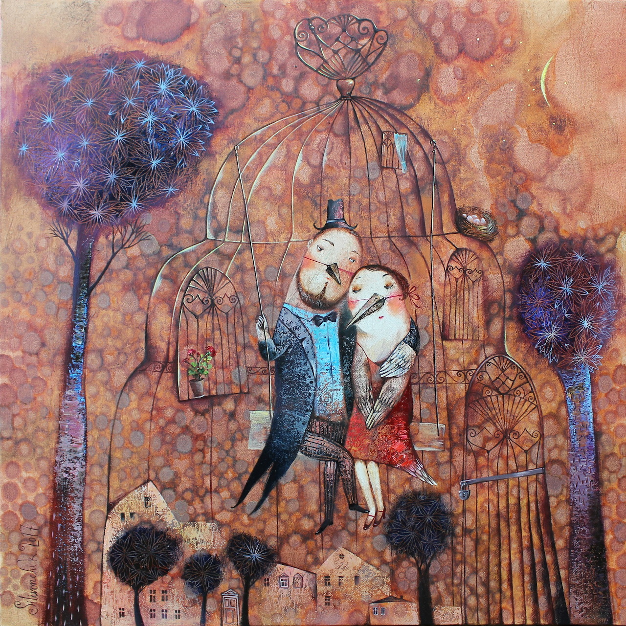 Whimsical painting of a couple kissing inside a birdcage floating above village houses with purple trees