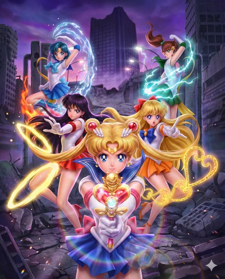 Five Sailor Moon scouts in colorful sailor uniforms posing together