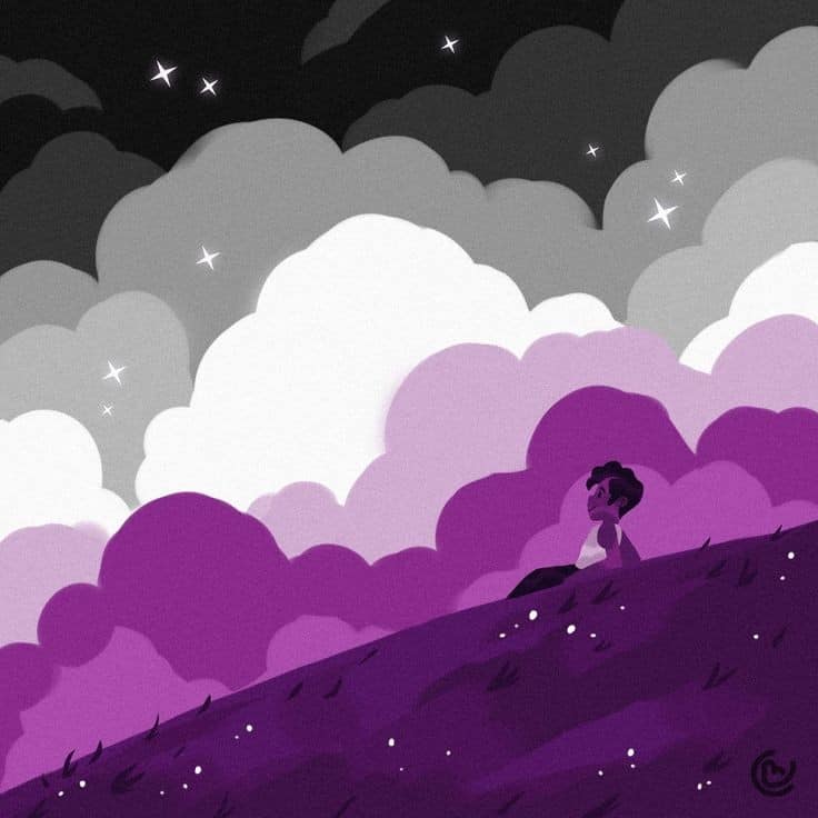 Girl on a purple hill under layered violet clouds and small stars in a night sky