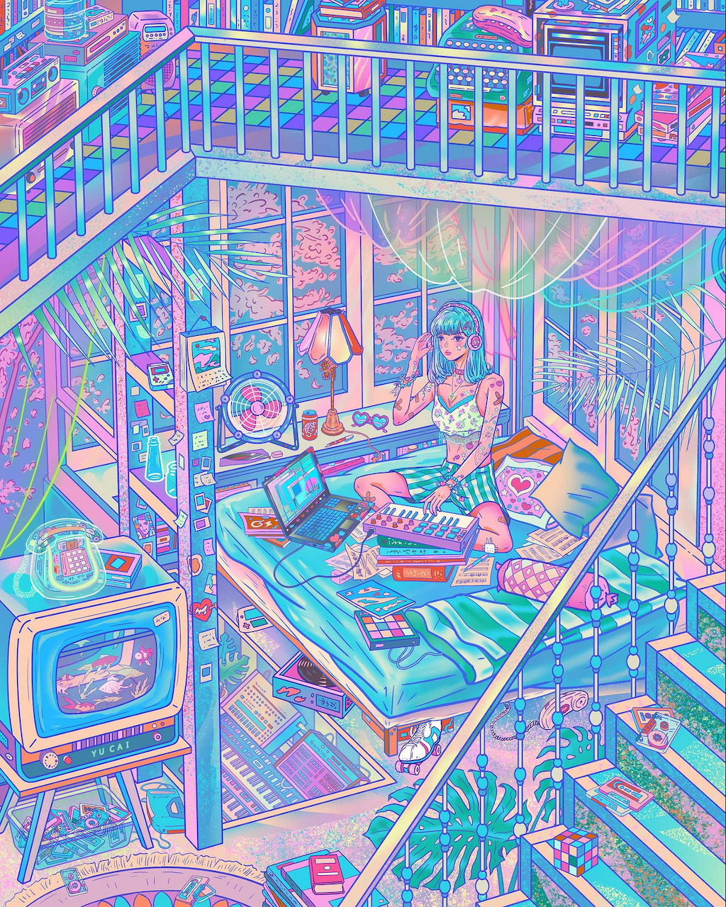 Anime citypop illustration of a stylized character in an urban scene