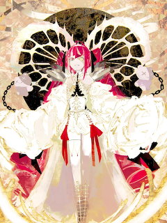 Anime angel character with large ornate wings, white dress, and golden decorative elements in symmetrical composition