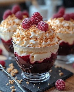 Layered raspberry dessert in glass with cream, meringue pieces, and fresh raspberries on top