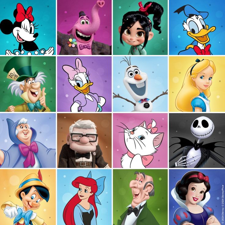 Grid of 16 Disney character portraits in colorful squares