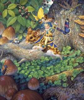 Small fairy tale character in yellow and orange stripes resting on a tree branch surrounded by lush forest flora and fauna