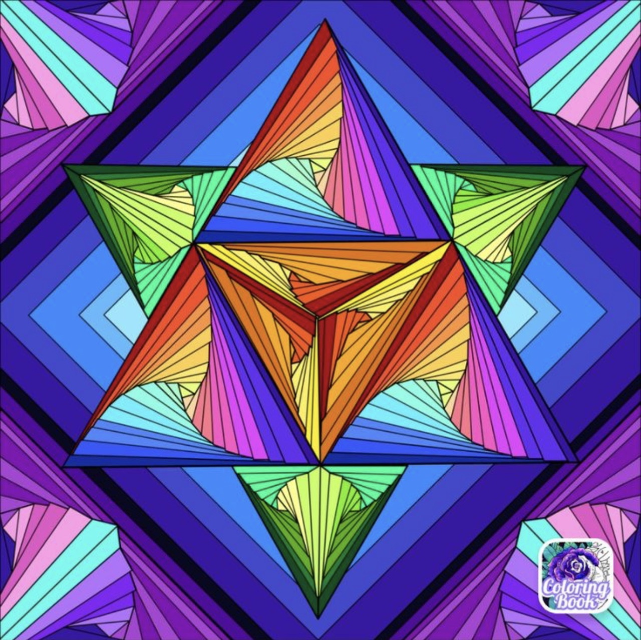 Colorful geometric star with layered triangular shapes in rainbow hues arranged symmetrically on purple background