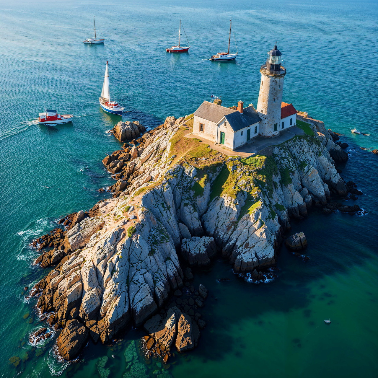 Lighthouse on a rocky island with several boats in the blue ocean