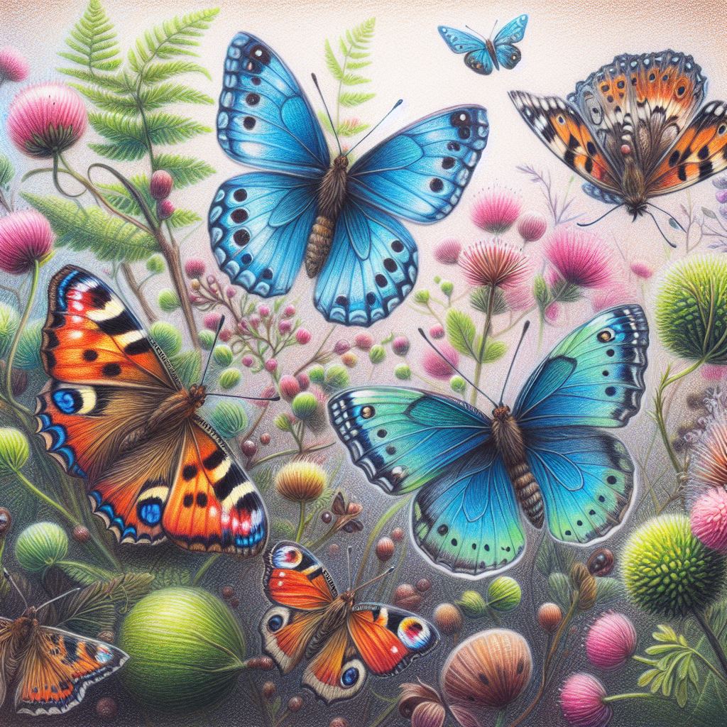 Colorful illustrated butterflies among pink flowers and green leaves
