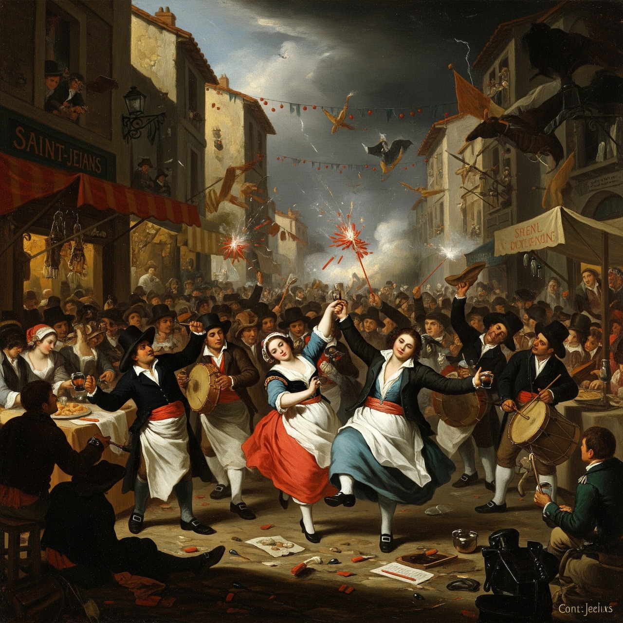 Crowded street festival painting with dancing figures, bonfires, and dramatic sky in classical European style