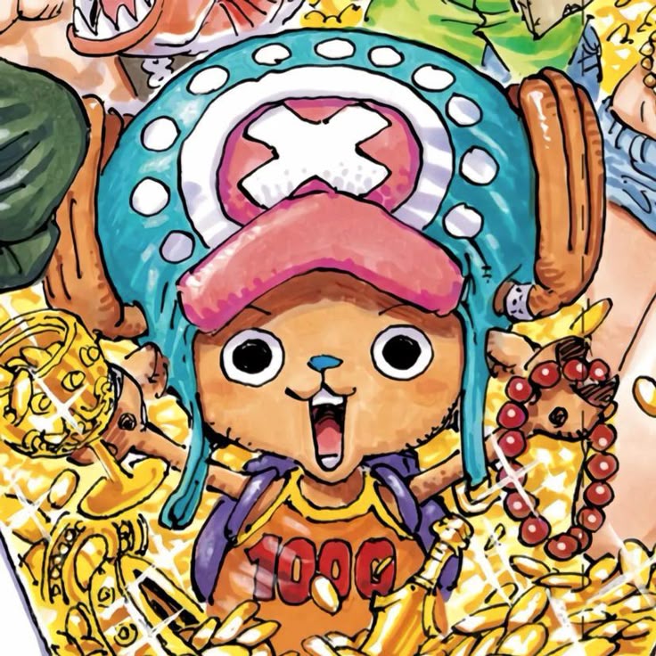 Tony Tony Chopper anime character with blue hat and pink nose surrounded by One Piece crew members