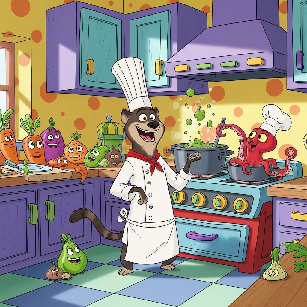 Cartoon chef in white uniform cooking at stove with animated food characters in colorful kitchen