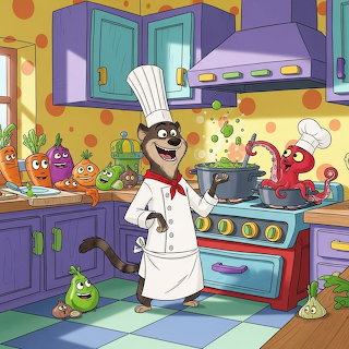 Cartoon Chef with Food Characters