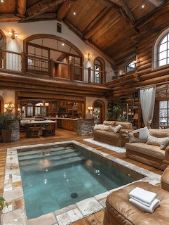 Spacious luxury cabin interior featuring indoor pool, wood beams, balcony, and leather furniture