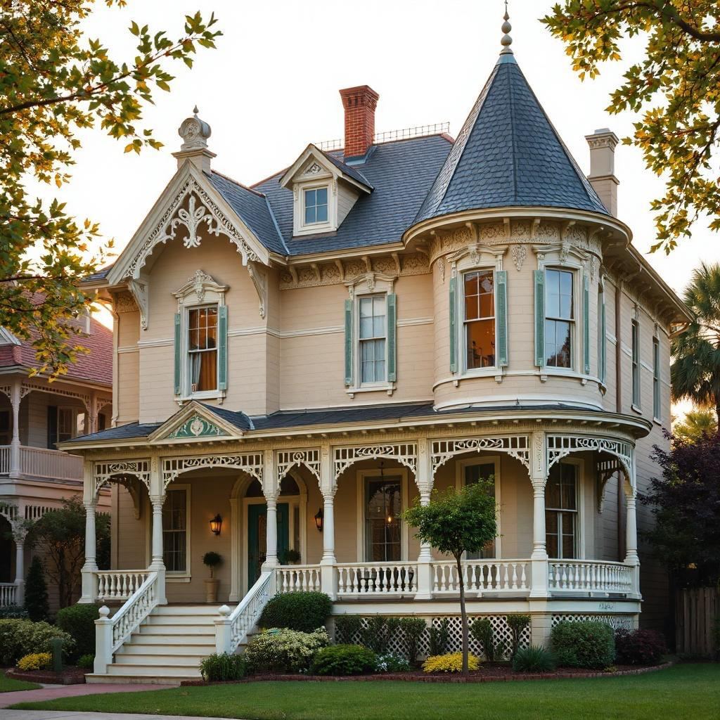 Cream Victorian mansion with turret and wrap-around porch surrounded by trees and lawn