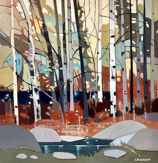 Abstract painting of tall tree trunks in a snowy winter forest with water in the foreground
