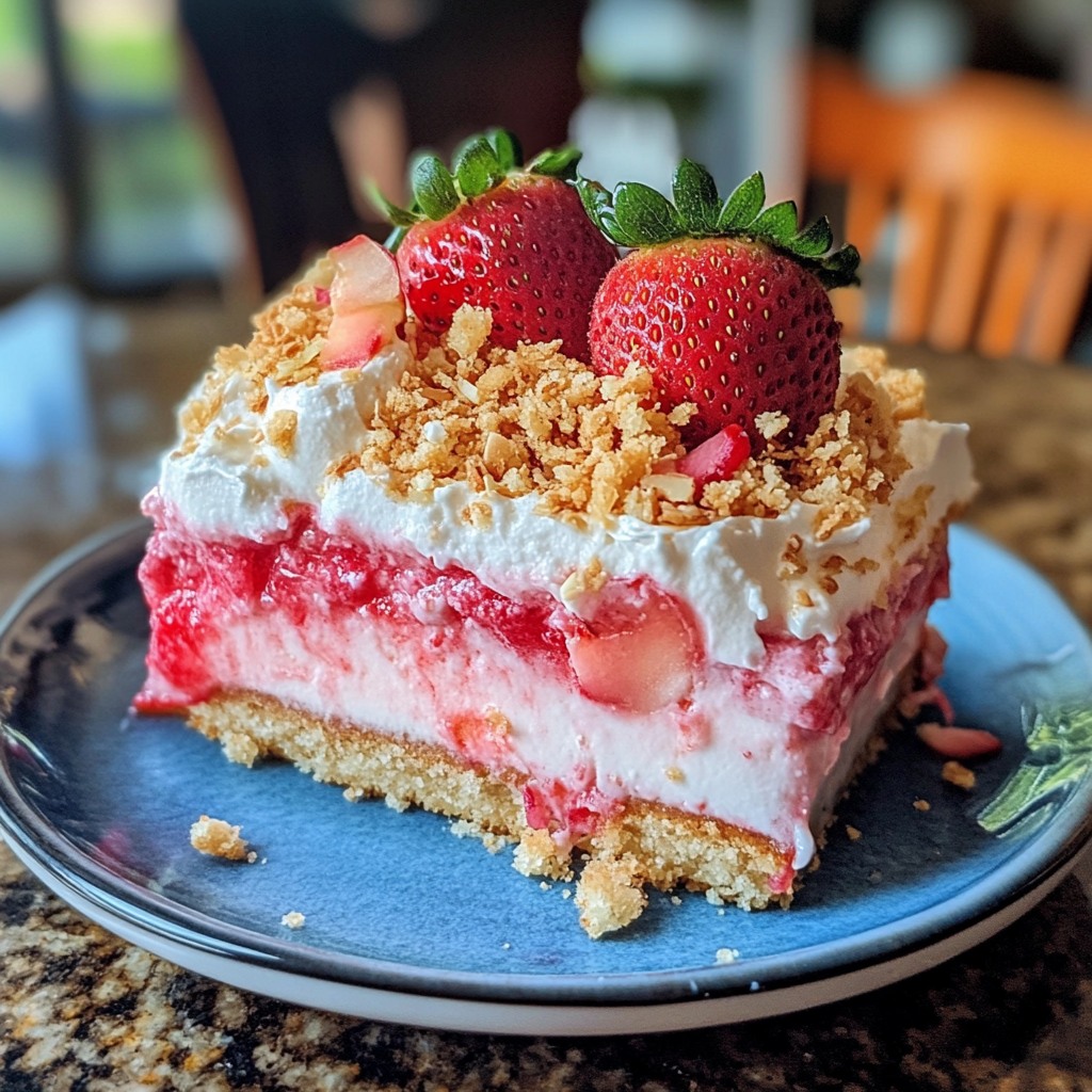 Layered strawberry cake slice with cream, fresh berries, and crumb topping on blue plate