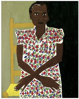 Painting of a seated woman in a colorful patterned dress on a yellow chair