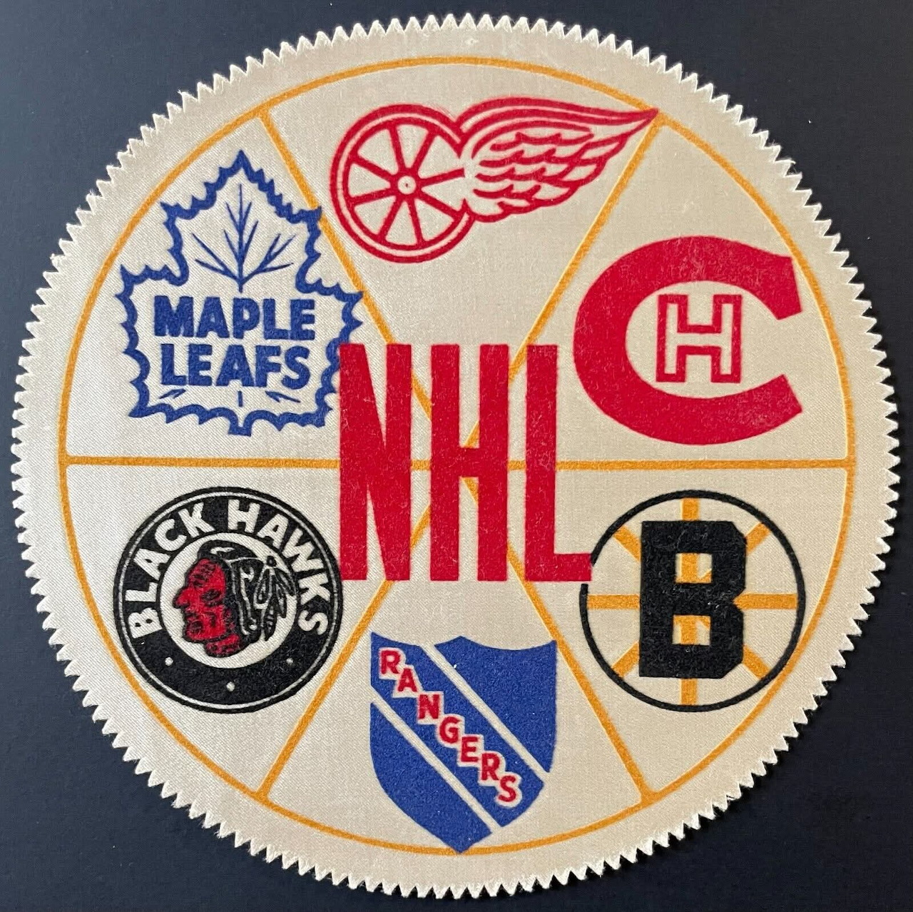 Circular vintage NHL patch with Original Six team logos on beige background