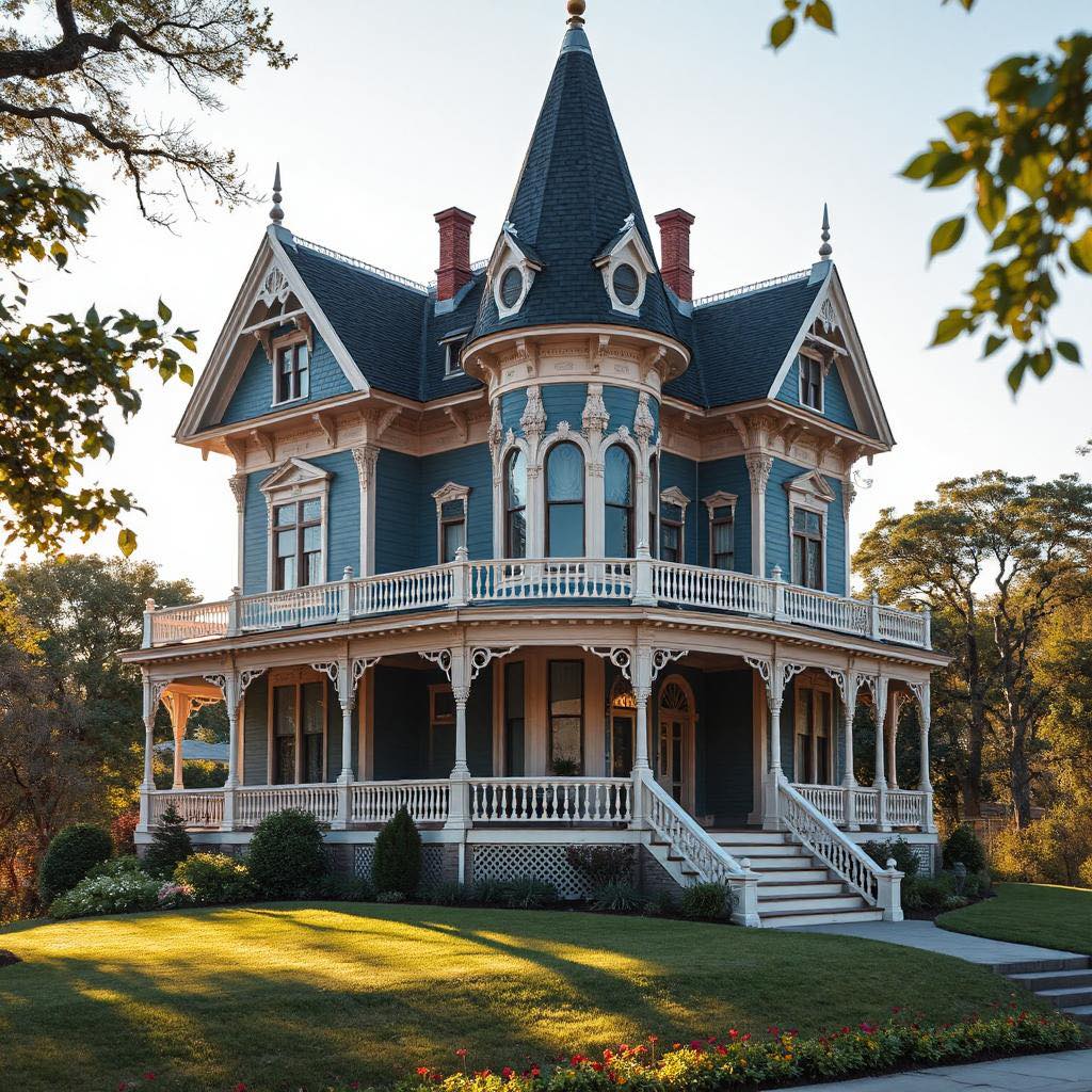 Elaborate Victorian house with turret tower, wraparound porch, and ornate architectural details on a sunny lawn