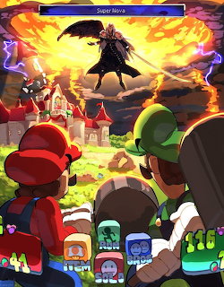 Mario and friends confronting winged Sephiroth villain amid fiery explosions and castle backdrop