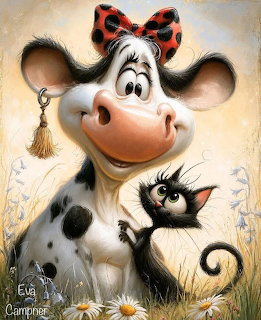 Cartoon cow with red bow and black cat sitting together in a daisy field