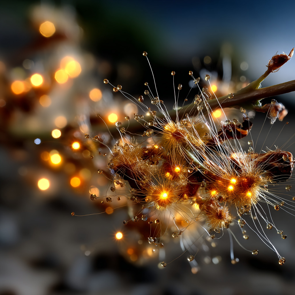 Macro view of a dried branch with delicate filaments and warm glowing bokeh lights