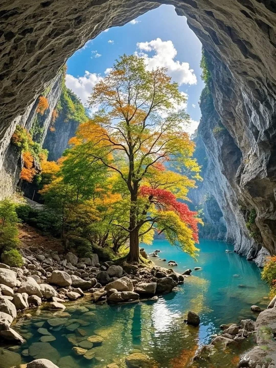 Turquoise cave lake with a colorful autumn tree, rocky shore, and blue sky.
