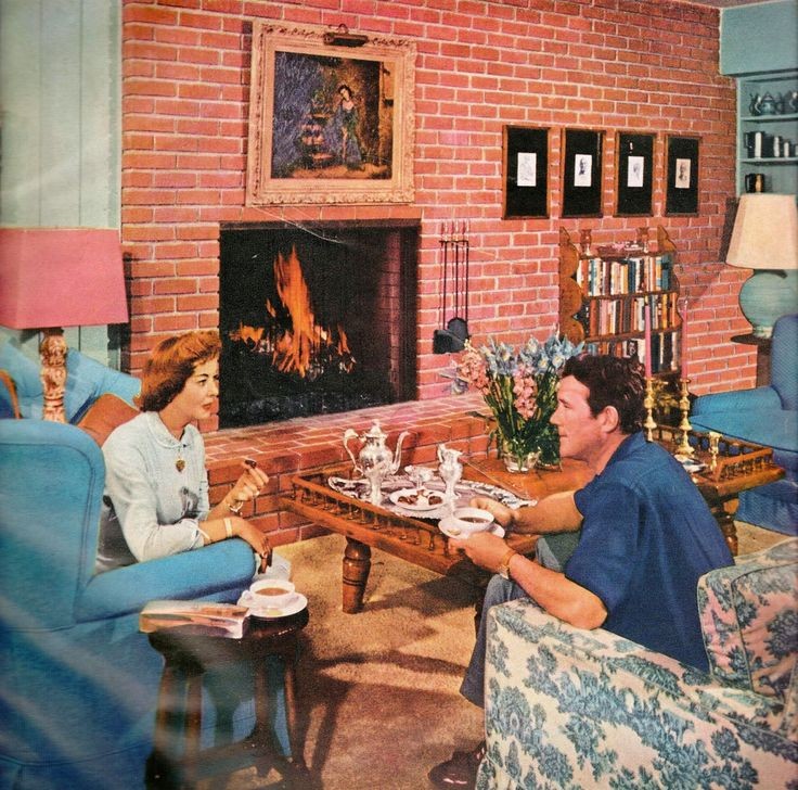 Vintage living room illustration with a brick fireplace, two people, and upholstered furniture