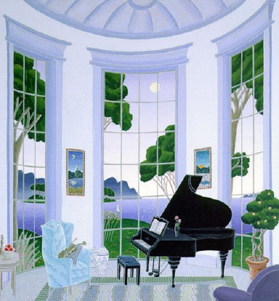 Illustration of a black grand piano in a bright circular room with tall windows and green scenery outside