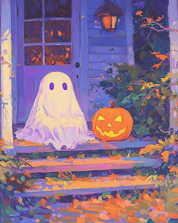 Painting of a ghost and jack-o-lantern pumpkin on front porch steps with autumn leaves at night