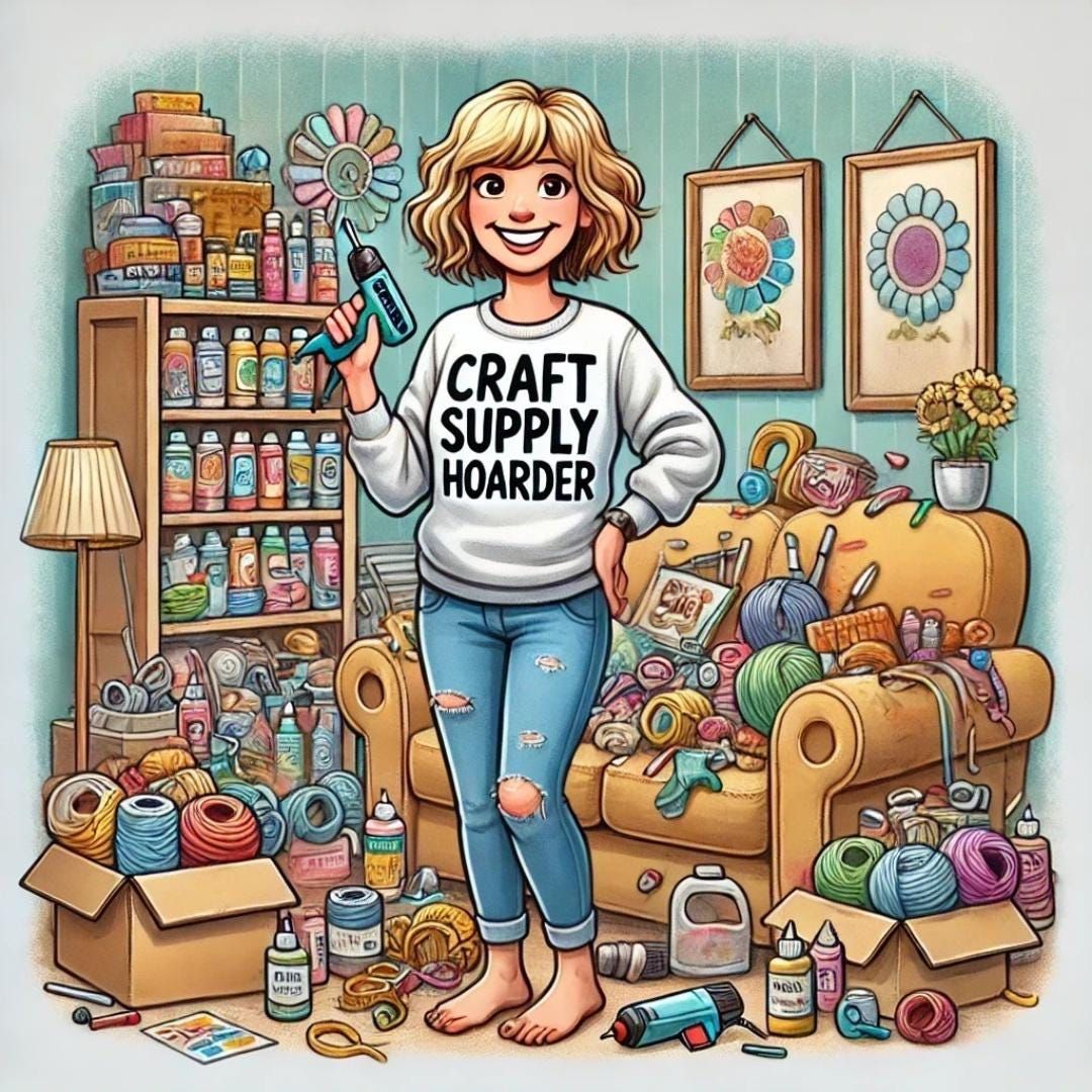 Cartoon woman in a chair surrounded by yarn, paint, scissors, and craft supplies