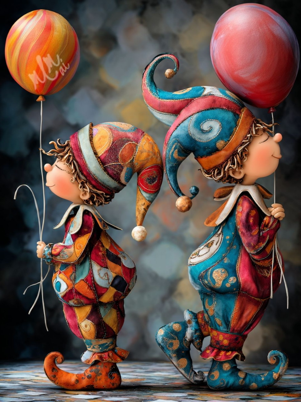 Two whimsical clown figurines with colorful swirled patterns holding balloons