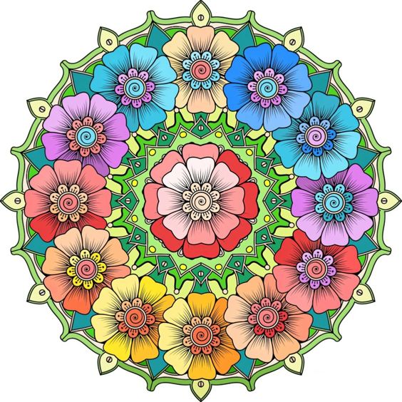 Colorful circular mandala with symmetrical flowers in pink, blue, orange, yellow and green