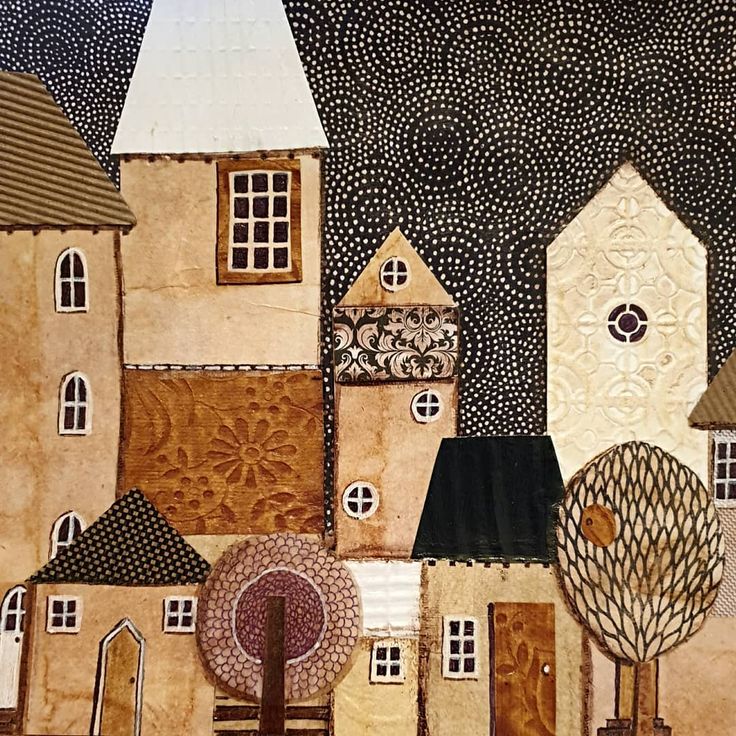Whimsical illustration of tan village houses and trees under a dark dotted sky